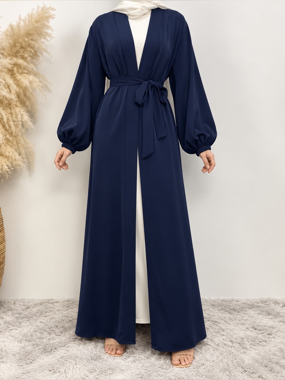 Navy Blue abaya Islamic dress Open front abaya with pockets and belt